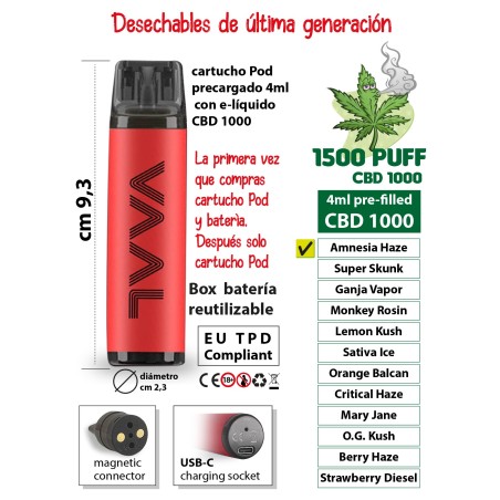 desechable bateria reutilizable + pod precargado 4ml cannabis cbd 1000