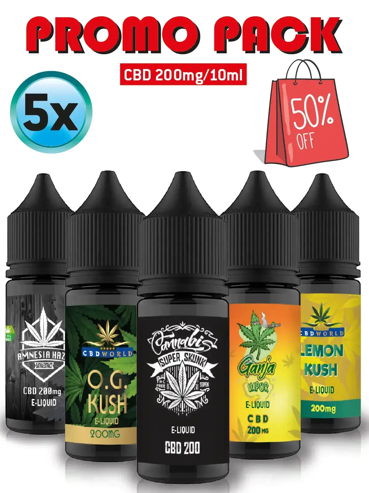 Oferta especial 5 e-líquidos de CBD sabor a marihuana en VapeoCBD.es